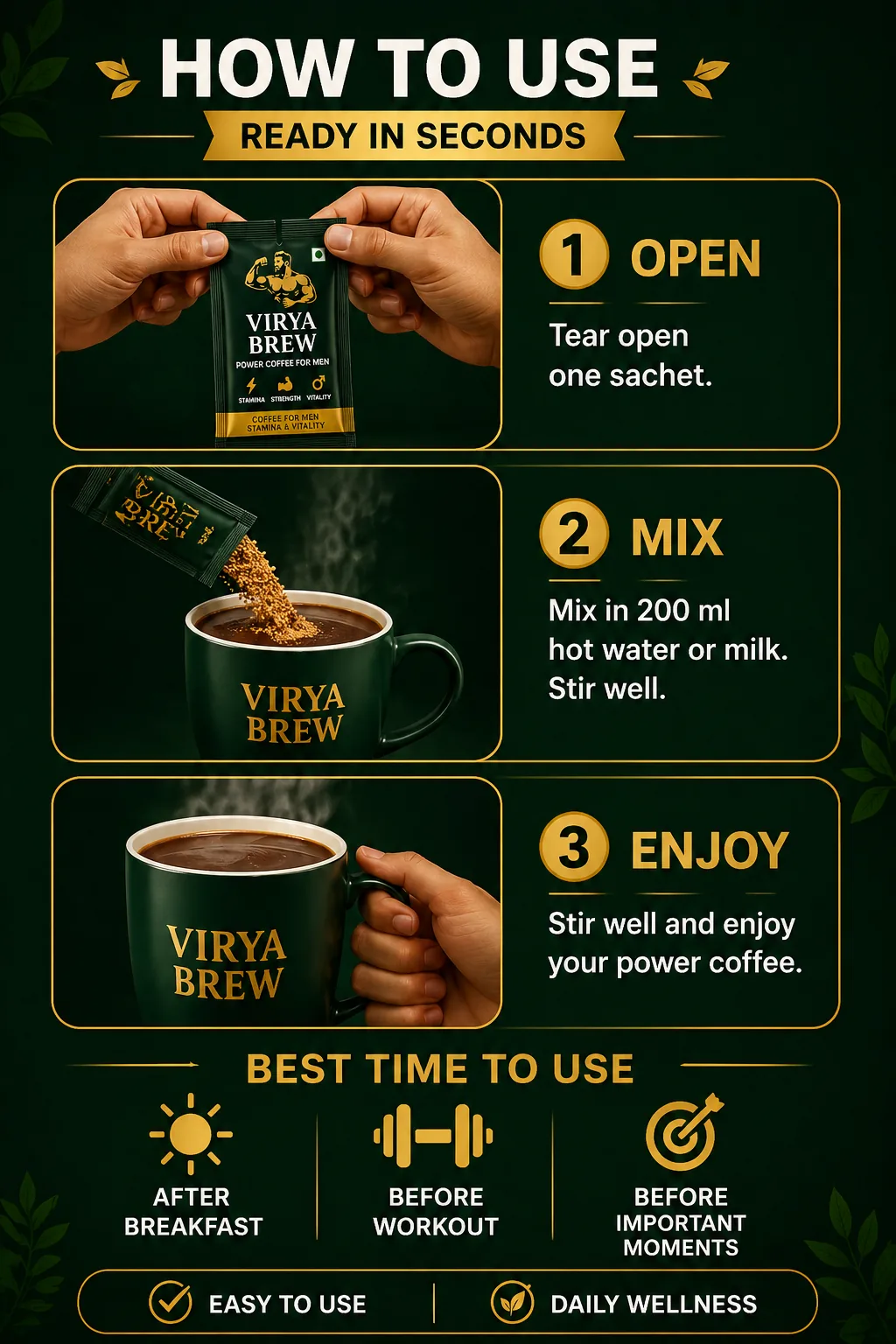 How to prepare Virya Brew maca coffee in three steps
