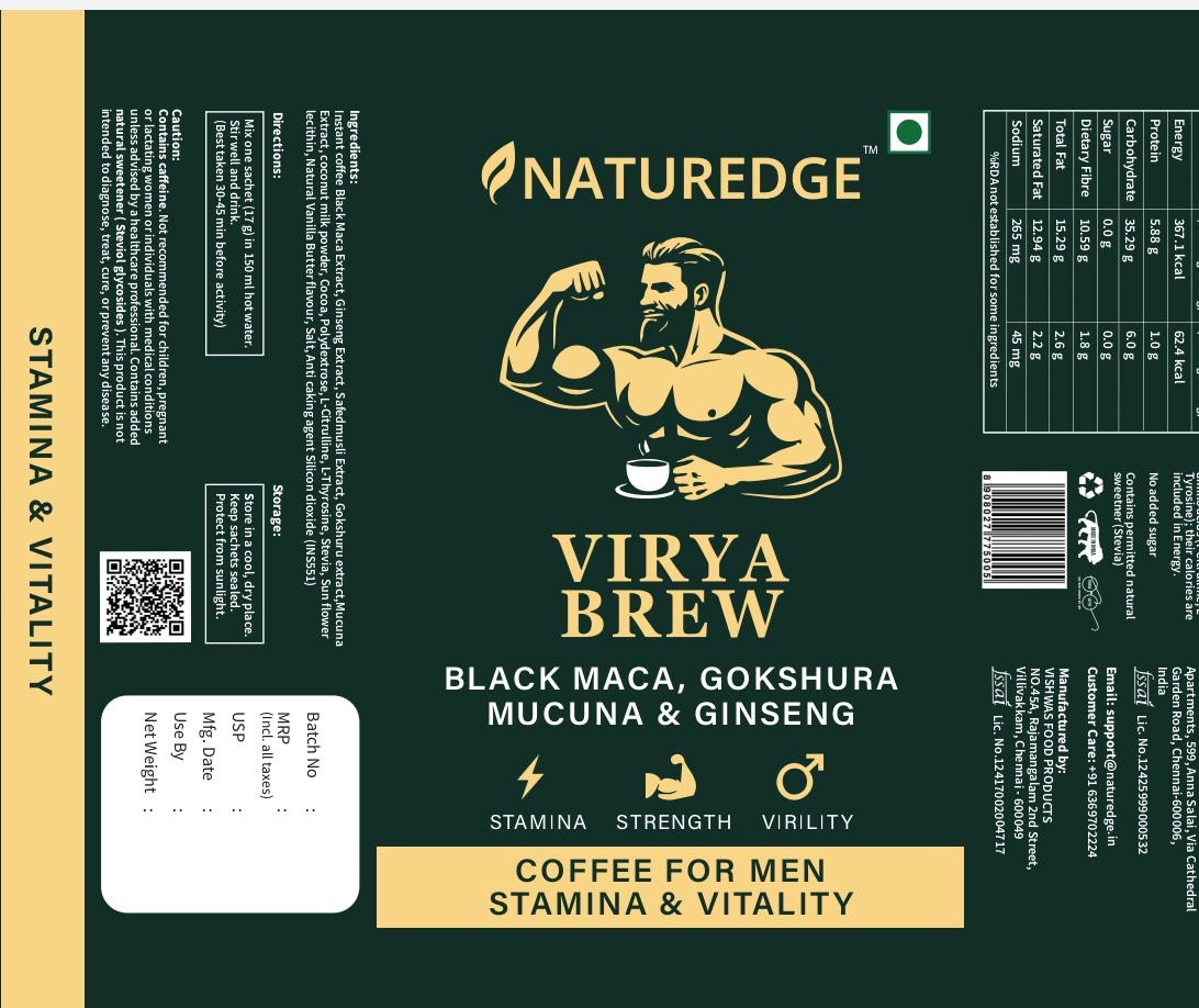 Naturedge Virya Brew back label showing full ingredient list and nutrition information