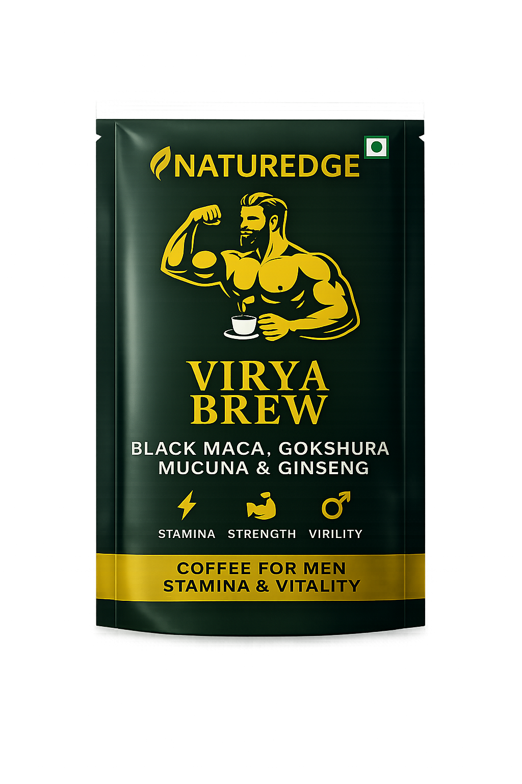 Naturedge Virya Brew front sachet pack — Black Maca, Gokshura, Mucuna & Ginseng