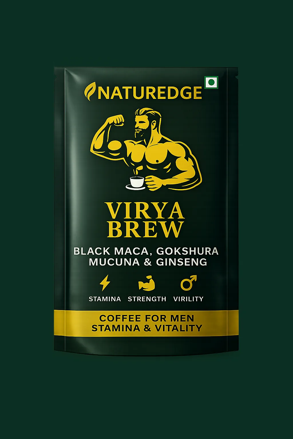 Naturedge Virya Brew maca energy coffee sachet with Black Maca, Gokshura, Velvet Bean Extract and Ginseng